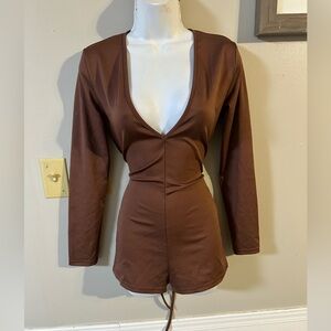 Deep V-Neck Brown Long-Sleeve Romper